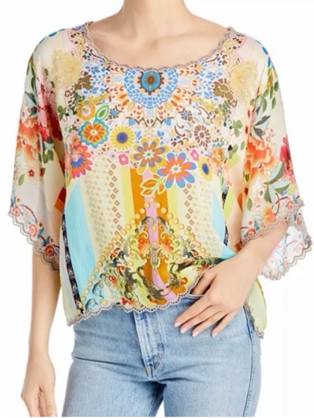 Johnny Was Womens Yasmin Yellow Floral Boho Blouse Crop Top